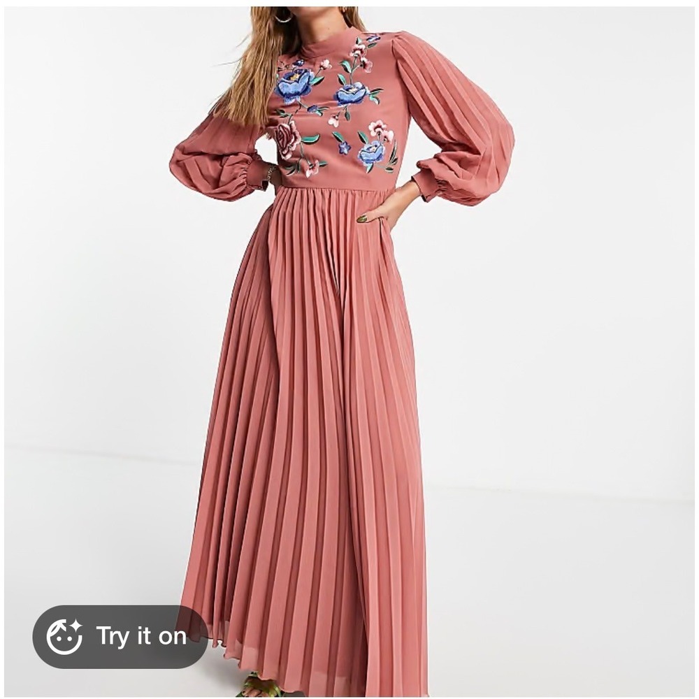ASOS DESIGN Floral Embroidered Pleated Maxi Dress Rose Pink Long Sleeve US 6